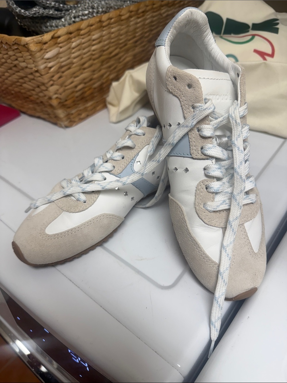 Larroude Women's Sneakers in White, Light Blue, and Beige Suede